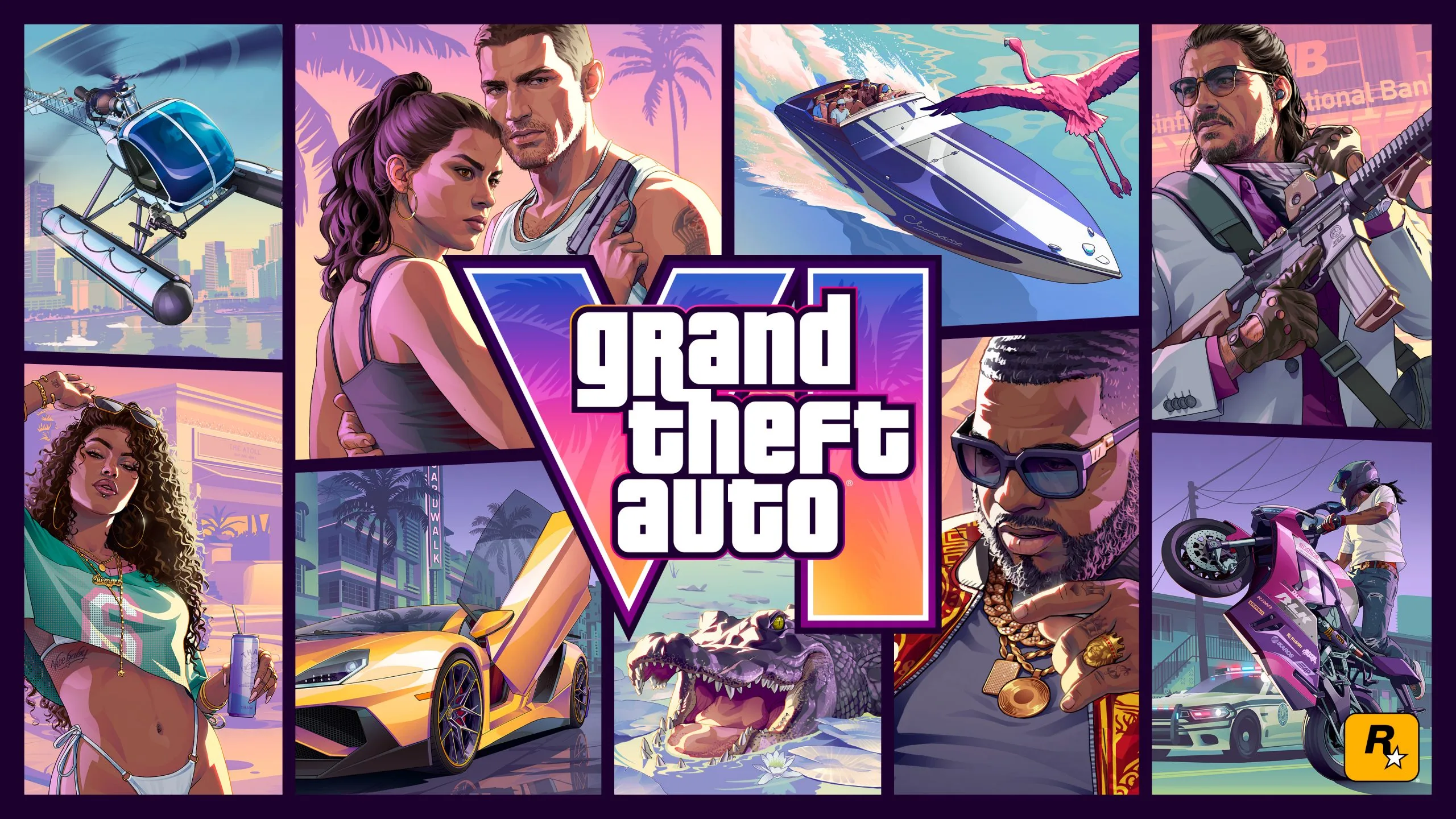 Pochette officielle de GTA 6 — Jason et Lucia à Vice City