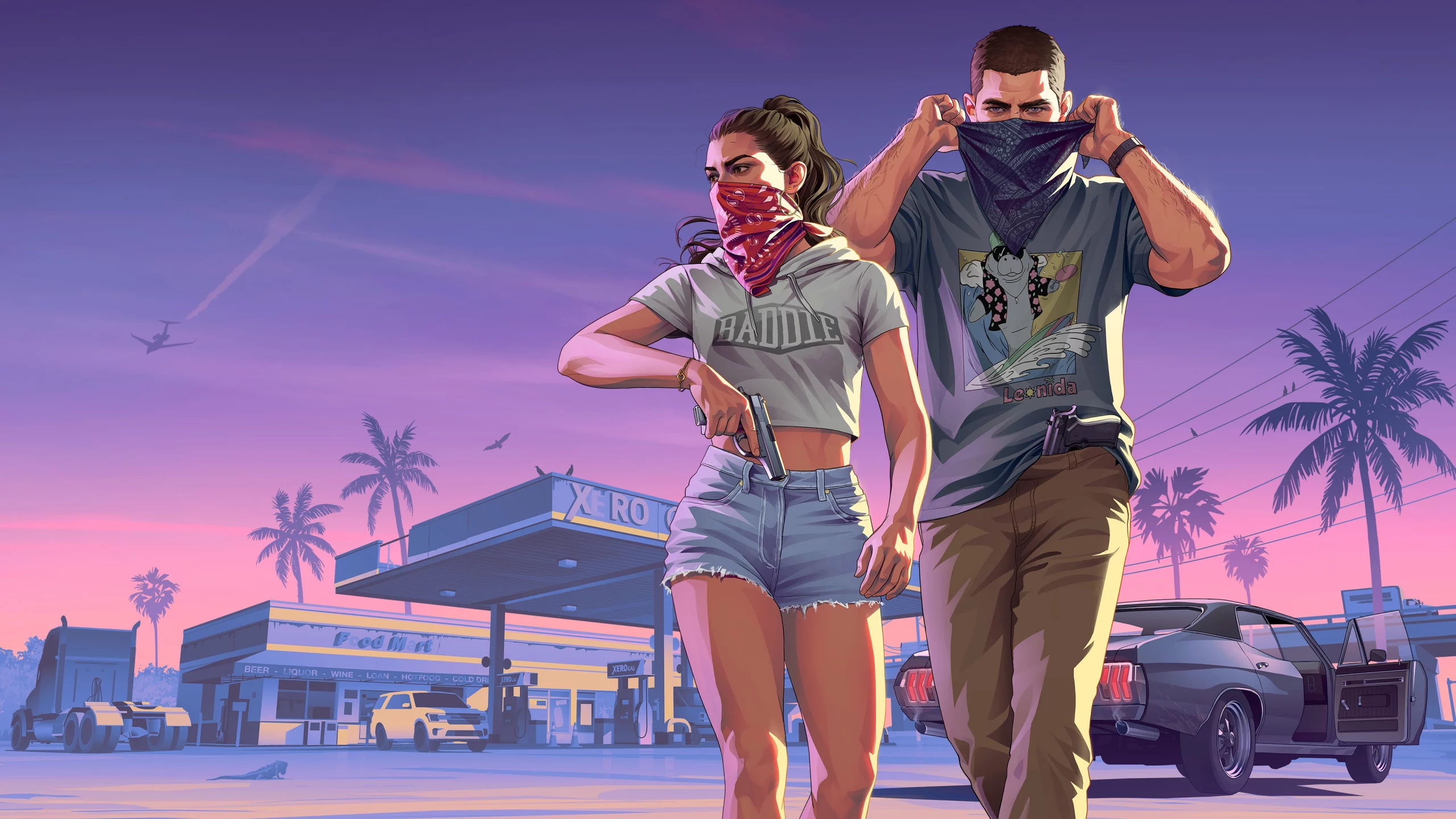 Jason et Lucia, bandanas remontés, s'éloignent d'une station-service au crépuscule — artwork officiel de GTA 6